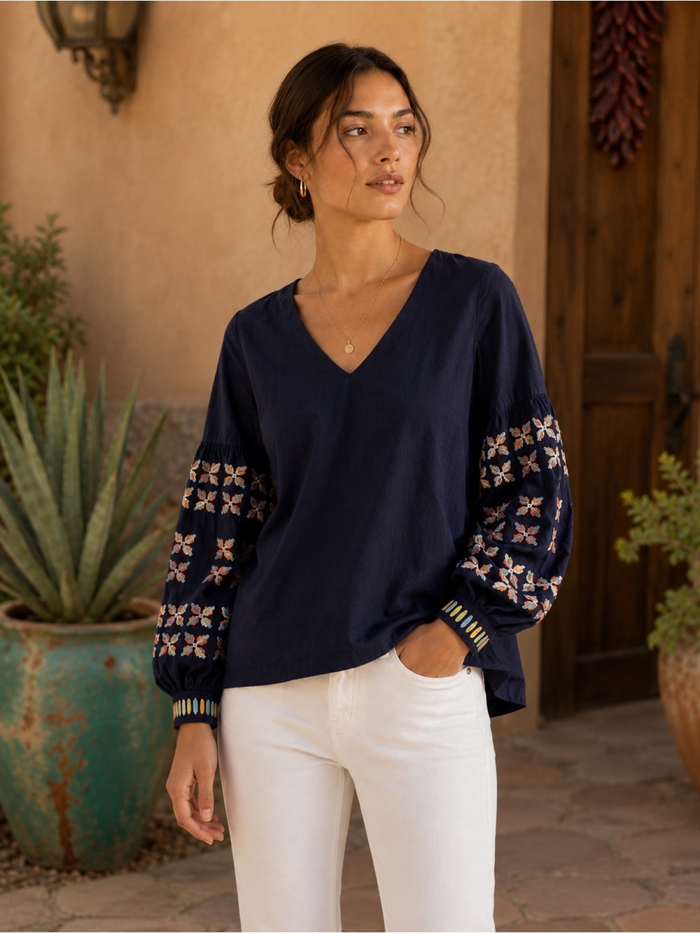 Maeve Navy Embroidered Balloon-Sleeve V-Neck Top
